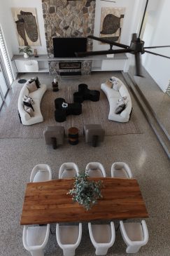 Top down view of a large open plan living, dining area in a modern home